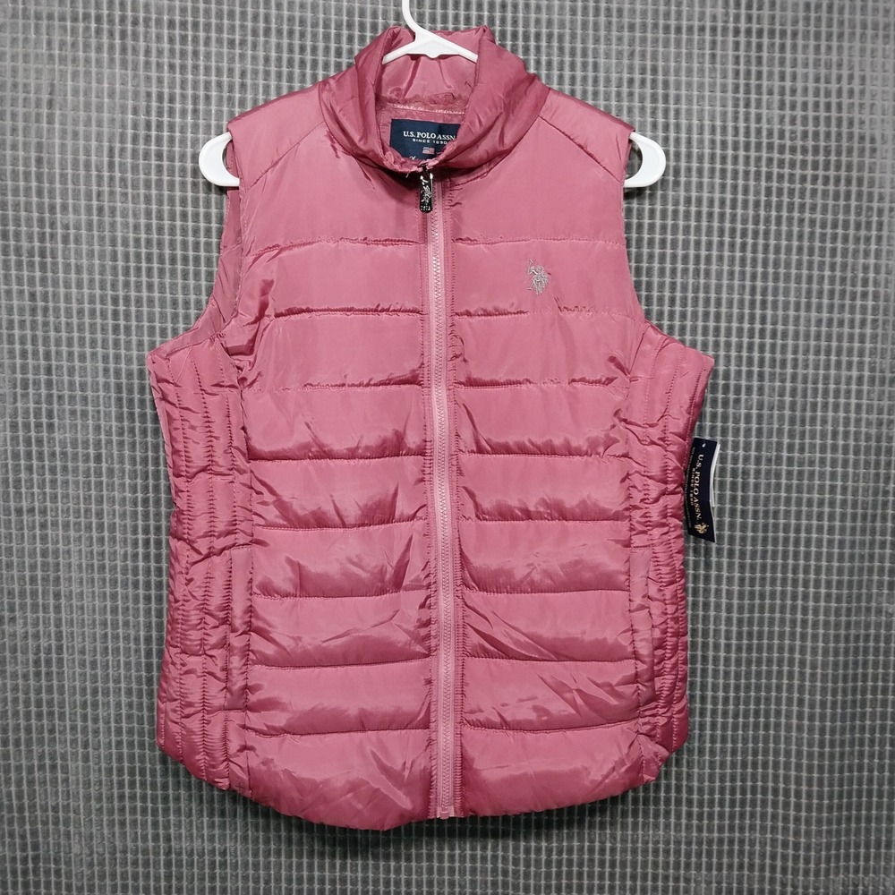 U.S. Polo Assn Womens Puffer Vest Quilted Faux Fur Collar M Mauve Pink